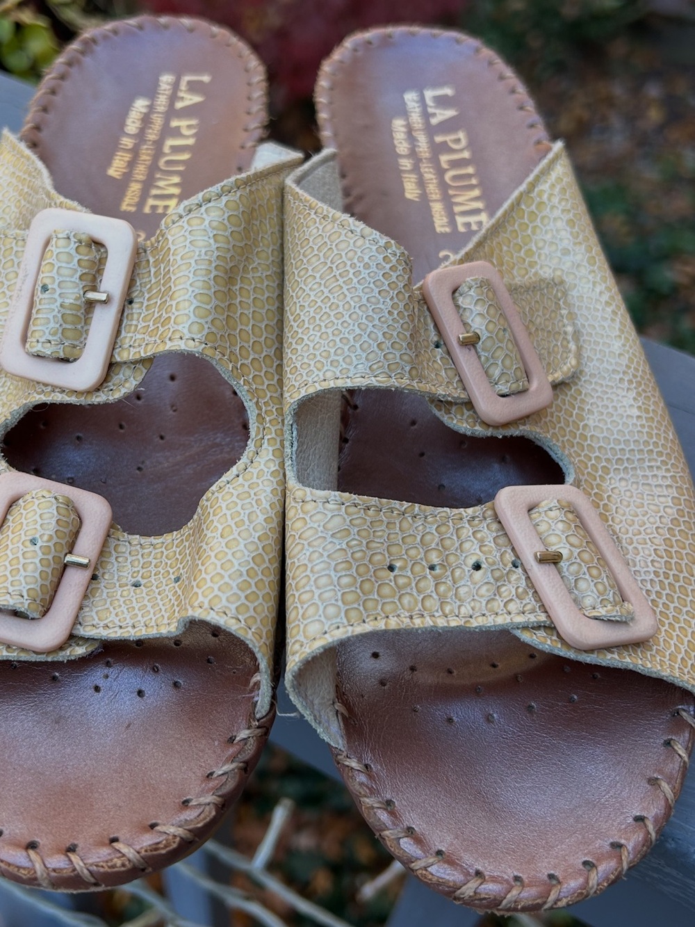 Gold Textured La Plume Slide Sandals with Pink Buckles 8.5